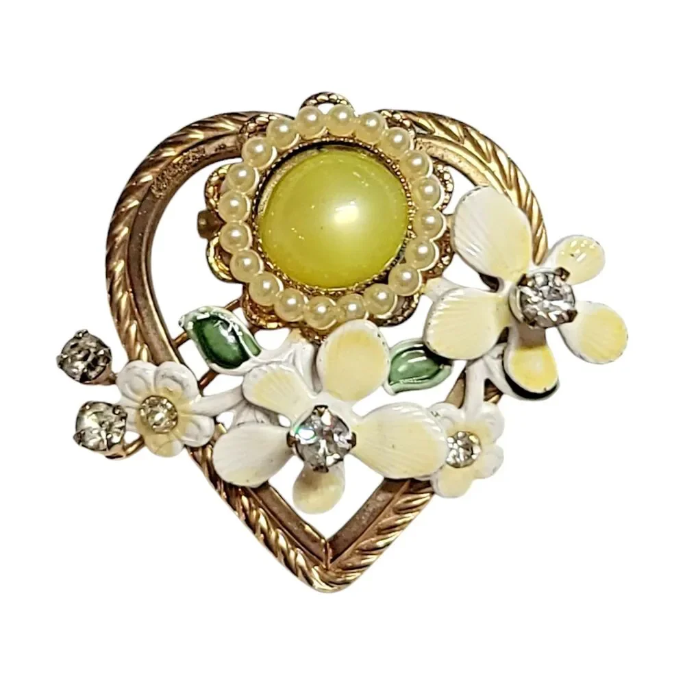 Vintage Gold Tone Rhinestone Faux Pearl Enamel Flower Bouquet Heart Brooch Pin